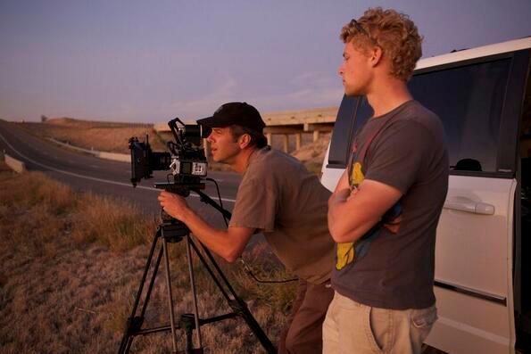 Nick de Pencier with Mike Reid filming Watermark in the California desert. 