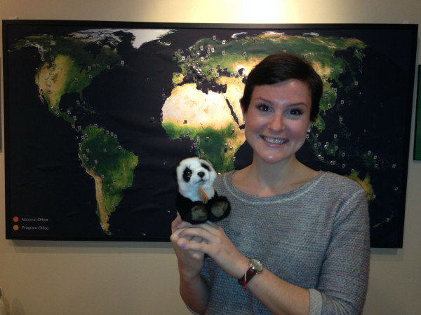 Laura Miller poses with a Panda stuffie at a WWF-Canada office  © Jessica Pang-Parks