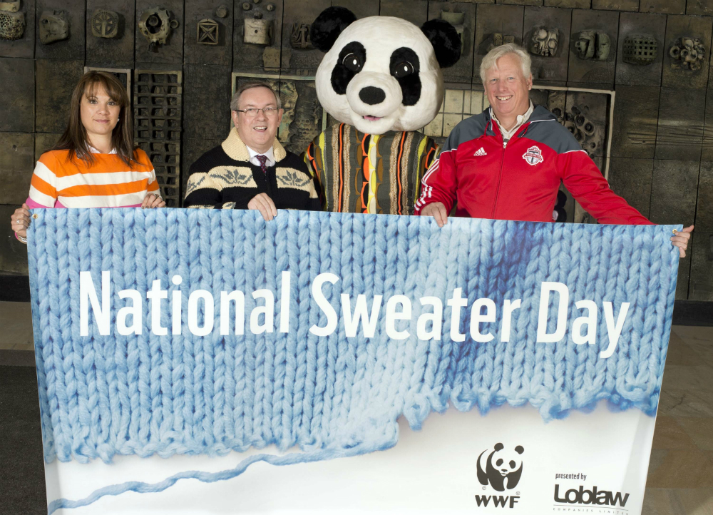 : In anticipation of WWF’s National Sweater Day on February 6, presented by Loblaw Companies Limited; David Miller, the President and CEO of WWF-Canada; Jim Bradley, Ontario Minister of the Environment and Sonya Fiorini, Senior Director of Corporate Social Responsibility at Loblaw Companies Limited remind Canadians to turn down the heat and put on their sweaters to support action on climate change and energy conservation.  © The Canadian Press Images PHOTO/Ontario Ministry of the Environment