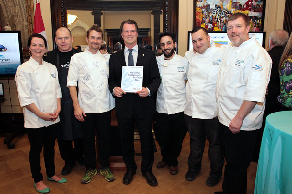 L - R: Chef Kate Klenavic and Josh Bishop (Whalesbone, Ottawa), Executive Chef Ned Bell (Four Seasons, Vancouver), Federal MP Fin Donnelly, Chef de Cuisine Jonathan Lapierre-Rehayem (Laloux, Montreal) Walid El-Tawel (E18hteen, Ottawa) Chef Robert Clark (The Fish Counter, Vancouver) 