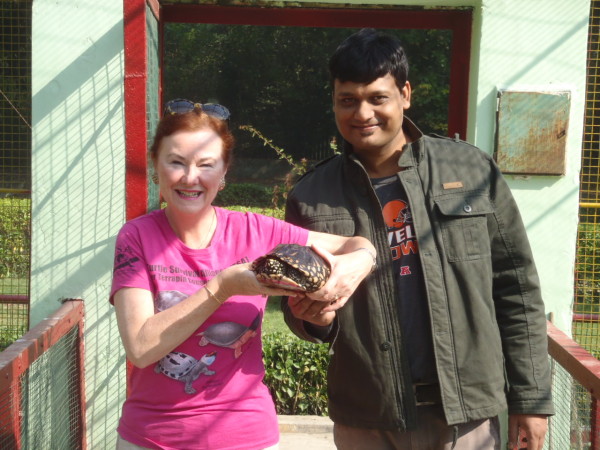 Patricia Koval holding a turtle at Kukrail Centre © Alan Koval