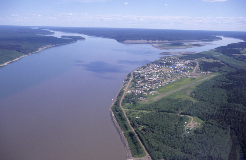 Aerial view of Fort Simpson and the confluence of Liard River (top left) and Mackenzie River, Northwest Territories, Canada. © Tessa MACINTOSH / WWF-Canada