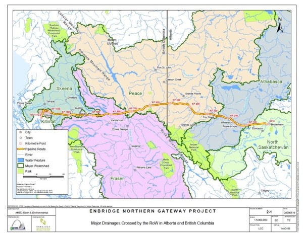 Proposed pipeline route for the Northern Gateway project. (Technical Data Report, Freshwater Fish and Fish Habitat, Enbridge Northern Gateway Project. Jacques Whitford AXYS Ltd., AMEC Earth & Environmental, 2010)