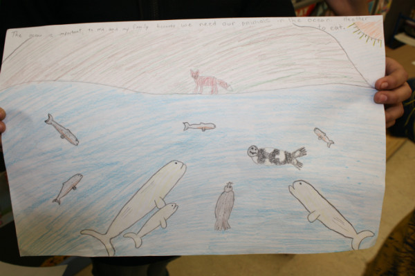 This drawing, done by a local elementary school student during an earlier visit, reads: "The Ocean is Important to me and my family because we need healthy animals in the ocean to eat.” ©Dan Slavik/WWF-Canada