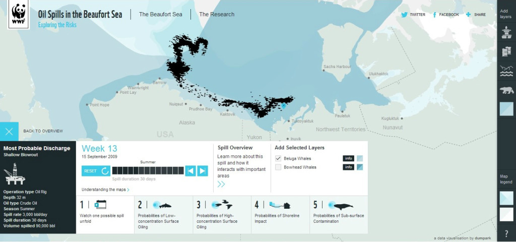 A screen shot of the interactive website arcticspills.wwf.ca , illustrating a scenario of a worst-case shallow-water blowout. ©WWF-Canada 