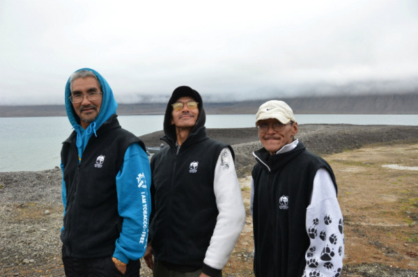 Three of our four Inuit guides—that’s Tom, my “narwhal watch” partner, in the middle. © Jacqueline Nunes / WWF-Canada