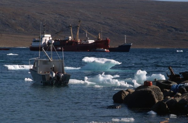 Supply ships in the Inuit community of Clyde River (also known as Kangiqtugaapik), Baffin Island, Nunavut, Canada.