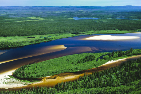 A river flows through forests in the Otish Mountains, northern Quebec, Canada.