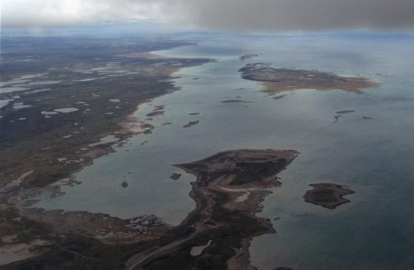 Aerial view of the Inuit community of Rankin Inlet (also known as Kangiqiniq) on Hudson Bay, Nunavut, Canada.