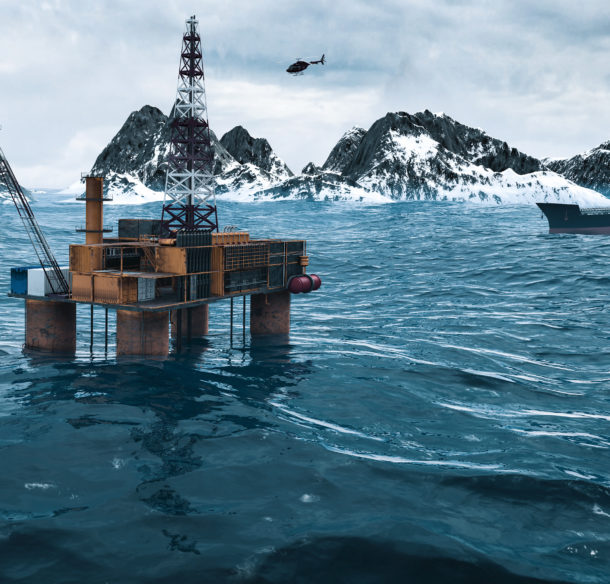 Oil platform in the Arctic Ocean, extraction of fuel resources