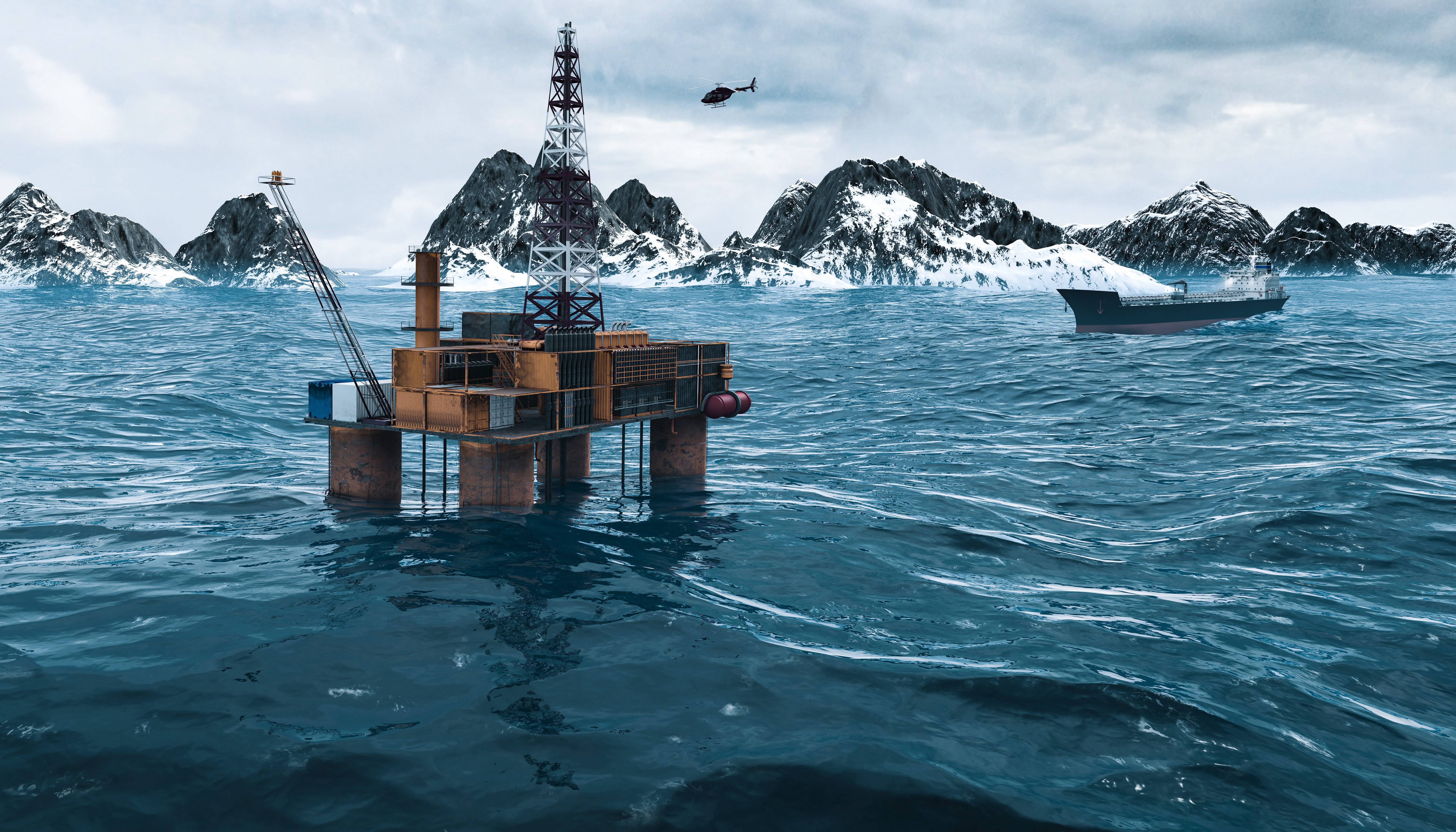 Oil platform in the Arctic Ocean, extraction of fuel resources
