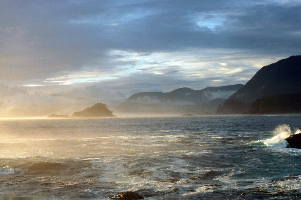 Pacific Ocean waves crashing on coast of Moresby Island, Haida Gwaii, British Columbia, Canada. 