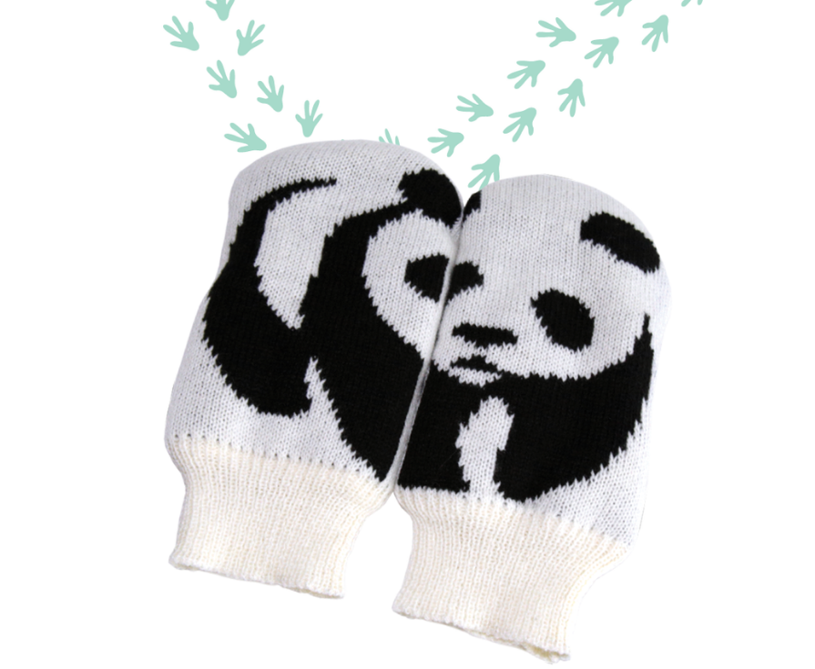 Cozy 100 percent sustainable wool mittens for adults and children with panda logo