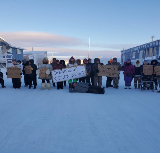 Baffinland blockade solidarity protest in Taloyoak, NU in February 2021