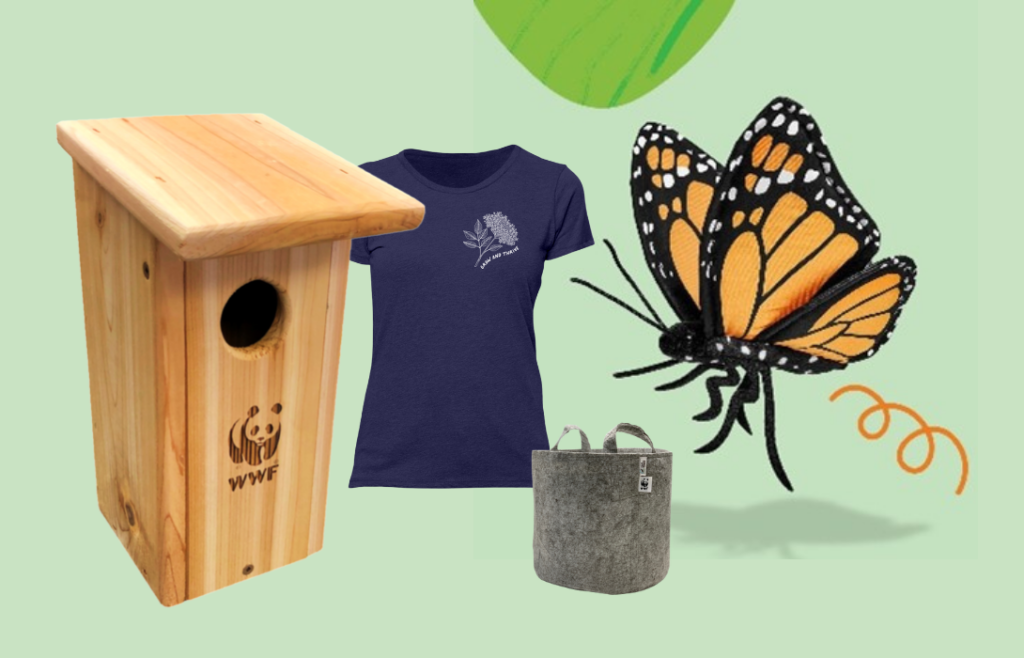 WWF birdhouse, grow and thrive T-shirt, root pouch and monarch adoption