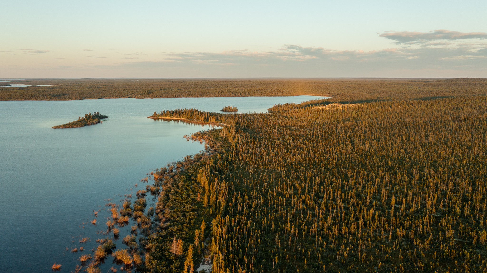 Arial photo of a wide river surrounded by boreal forest