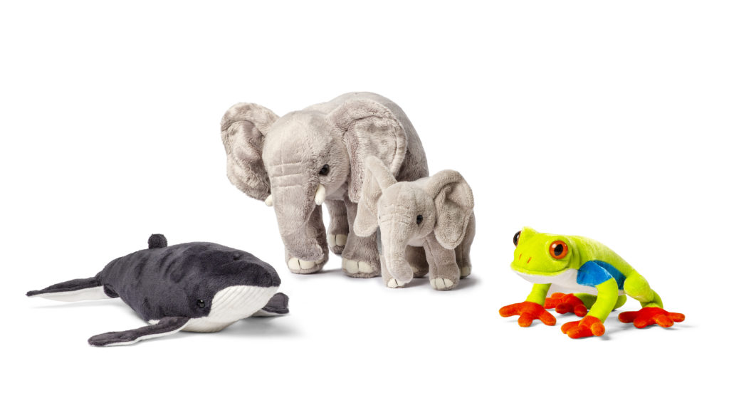 A photo of the three new symbolic adoption plushies: humpback whale, African elephant family and red-eyed tree frog