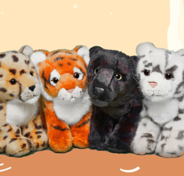 Big cat stuffue bundle with a cheetah, tiger, black jaguar and snow leopard
