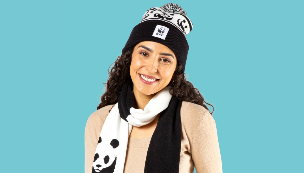 Woman wearing a WWF branded toque and scarf