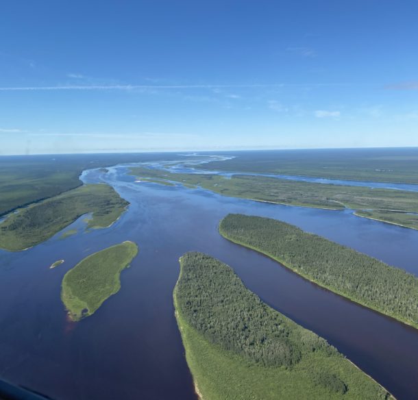 Hudson and James Bay Lowlands, blue water with green islands