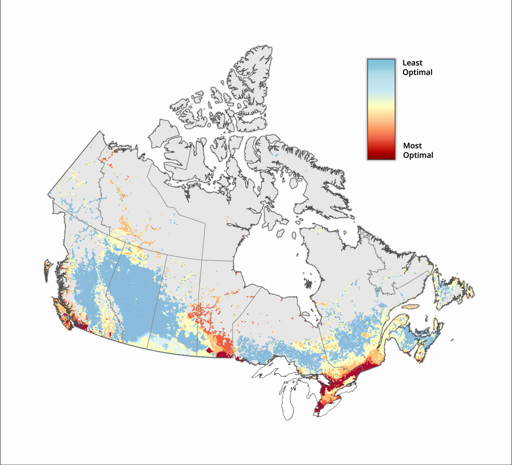 Map of Canada showing priority areas of restoration which occur primarily in southern Ontario and Quebec and southern Manitoba