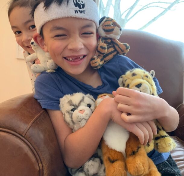 Young boy holding stuffed animals, laughing