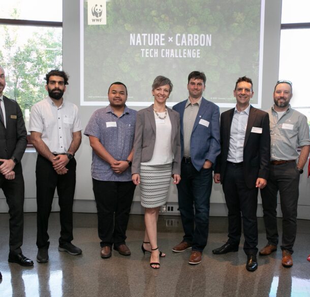 A group photo of Nature x Carbon tech challenge award recipients and WWF-Canada staff