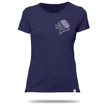 Dark purple women's t-shirt with flower illustration and text saying "grow and thrive" over the left breast.