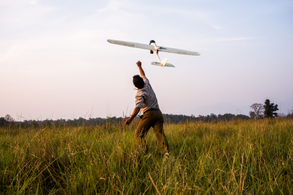 Demonstration of an unmanned aerial vehicle, used for monitoring in Bardia National Park.