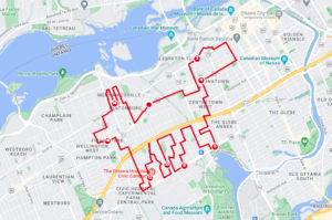 Picture of a running route in the shape of a fox, on a map in Ottawa