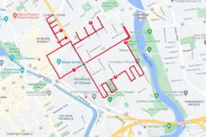 Picture of a running route in the shape of a reindeer, on a map in Ottawa