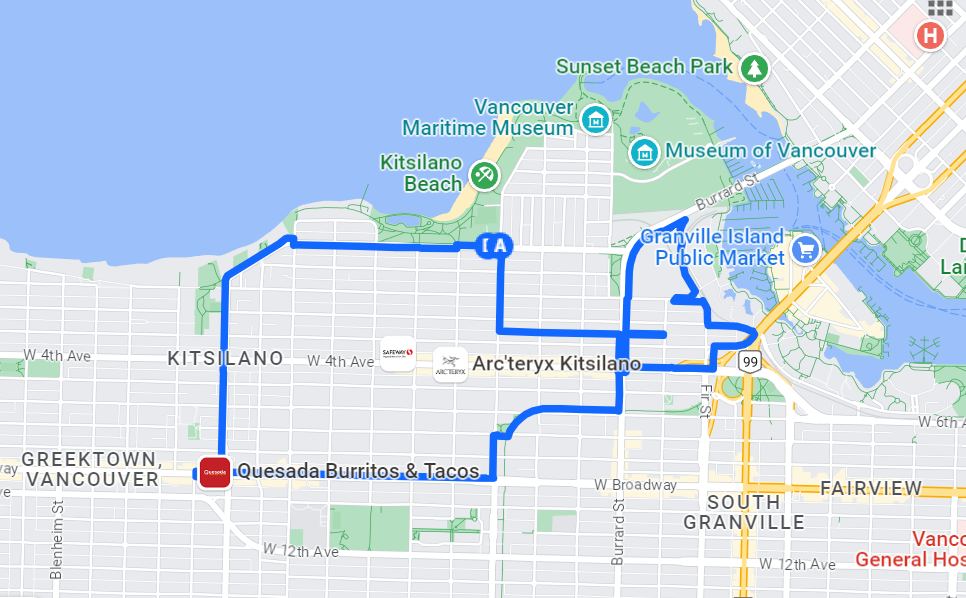 A running route in the shape of a whale on a map in downtown Vancouver