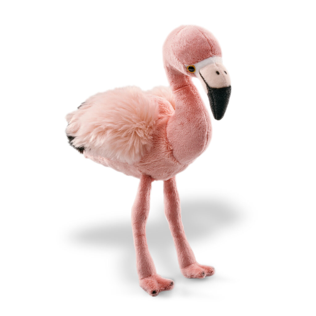 WWF-Canada's flamingo plush standing up. 