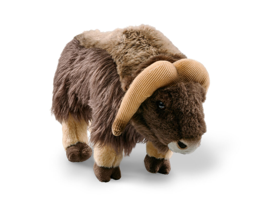 WWF's muskox stuffed animal. It has shaggy brown hair, downturned horns and large hoofs just like the real thing.
