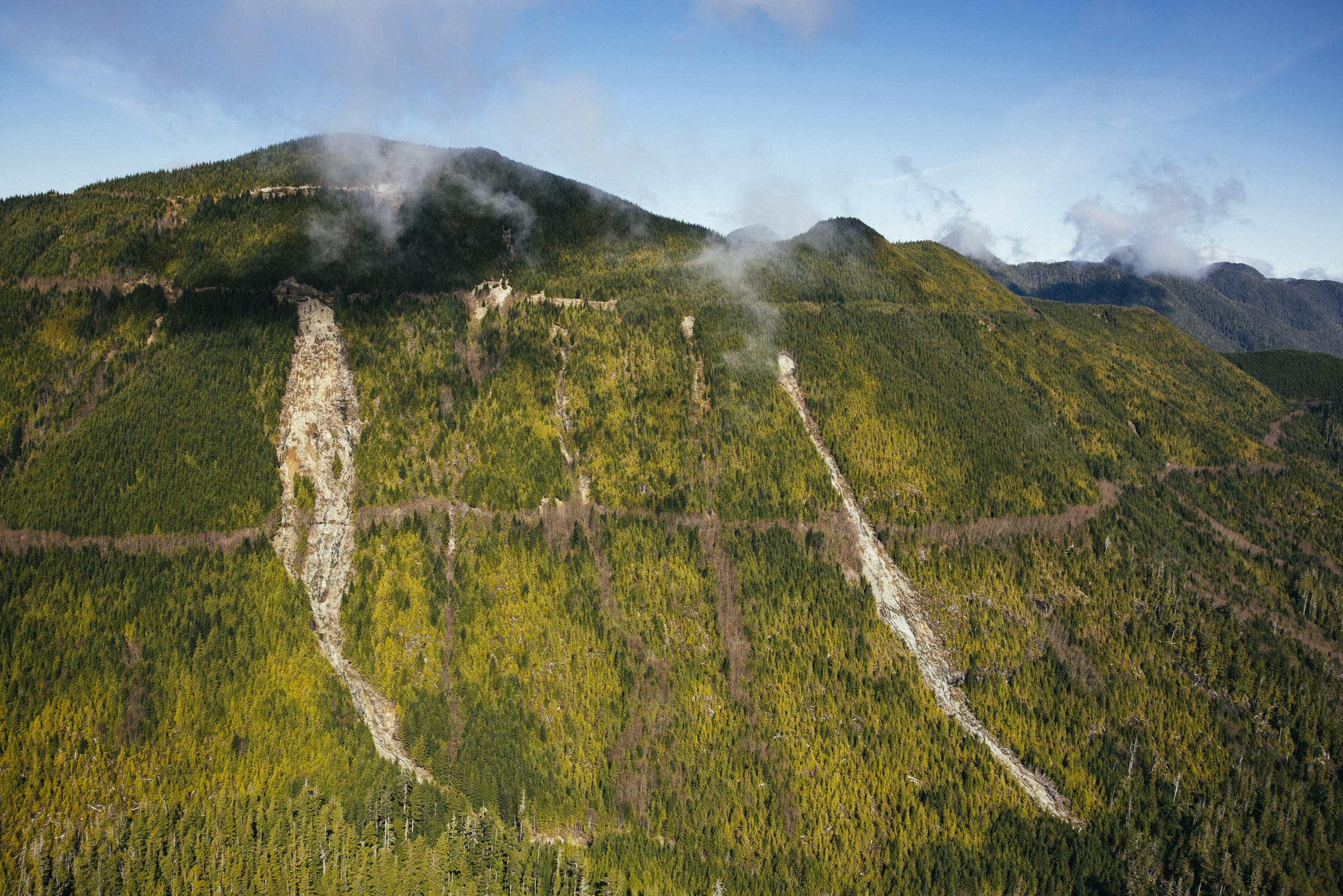 An aerial photo of the landslide-damaged slopes of Hesquiaht, near Tofino, B.C.