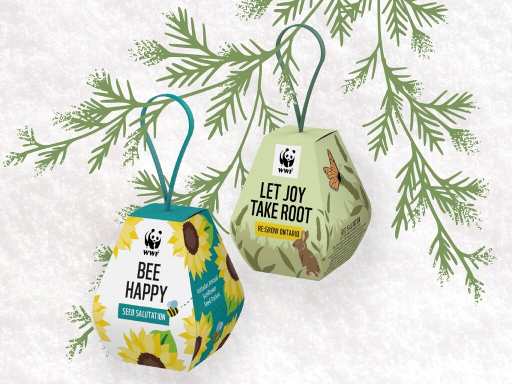 Two seed ornaments hang on a branch. One features illustrated sunflower seeds on the packaging and says "bee happy." The other is pale green with animal illustrations and says "Let joy take root."