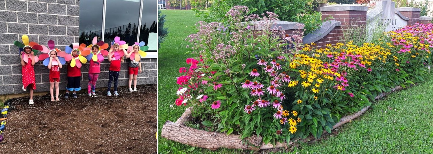 Gauche : six enfants d'une école primaire portant des pétales de fleur en papier autour de leur visage et des vêtements colorés se tiennent en rangée devant un jardin en devenir devant un bâtiment. Droite : un jardin de fleurs mauves et jaunes entourées d'une grande affiche mentionnant 
