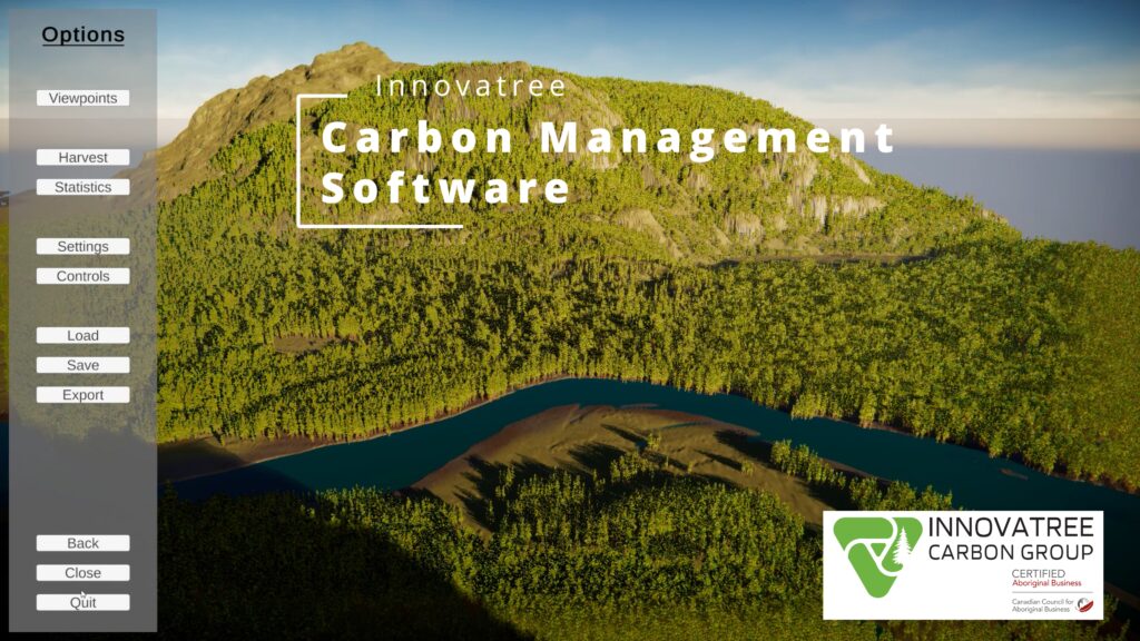 mountainous tree range with a river running through it that says "Carbon Management Software" on it