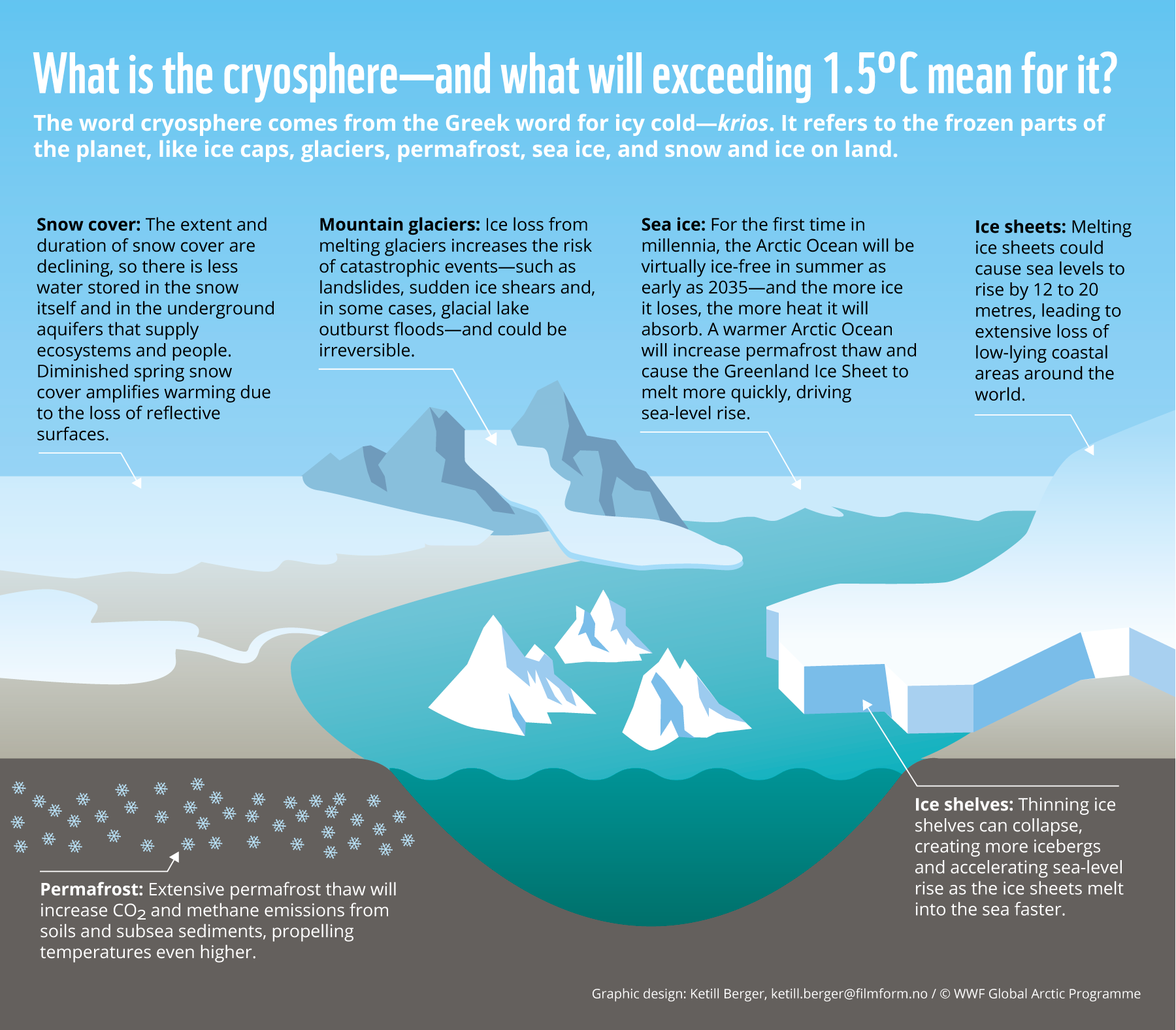 The word cryosphere comes from the Greek word for icy cold — krios. It refers to the frozen parts of the planet, like ice caps, glaciers, permafrost, sea ice, and snow and ice on land. <INSERT INFOGRAPHIC> Ice sheets: Melting ice sheets could cause sea levels to rise by 12 to 20 metres, leading to extensive loss of low-lying coastal areas around the world. Mountain glaciers: Ice loss from melting glaciers increases the risk of catastrophic events—such as landslides, sudden ice shears and, in some cases, glacial lake outburst floods—and could be irreversible. Sea ice: For the first time in millennia, the Arctic Ocean will be virtually ice-free in summer as early as 2035—and the more ice it loses, the more heat it will absorb. A warmer Arctic Ocean will increase permafrost thaw and cause the Greenland Ice Sheet to melt more quickly, driving sea-level rise. Permafrost: Extensive permafrost thaw will increase CO2 and methane emissions from soils and subsea sediments, propelling temperatures even higher. Ice shelves: Ice shelf thinning can lead to ice shelf collapse, creating more icebergs and accelerating sea-level rise by causing more ice from ice sheets to melt into the sea faster. Snow cover: The extent and duration of snow cover are declining, so there is less water stored in the snow itself and in the underground aquifers that supply ecosystems and people. Diminished spring snow cover amplifies warming due to the loss of reflective surfaces. Graphic design: Ketill Berger / © WWF Global Arctic Programme