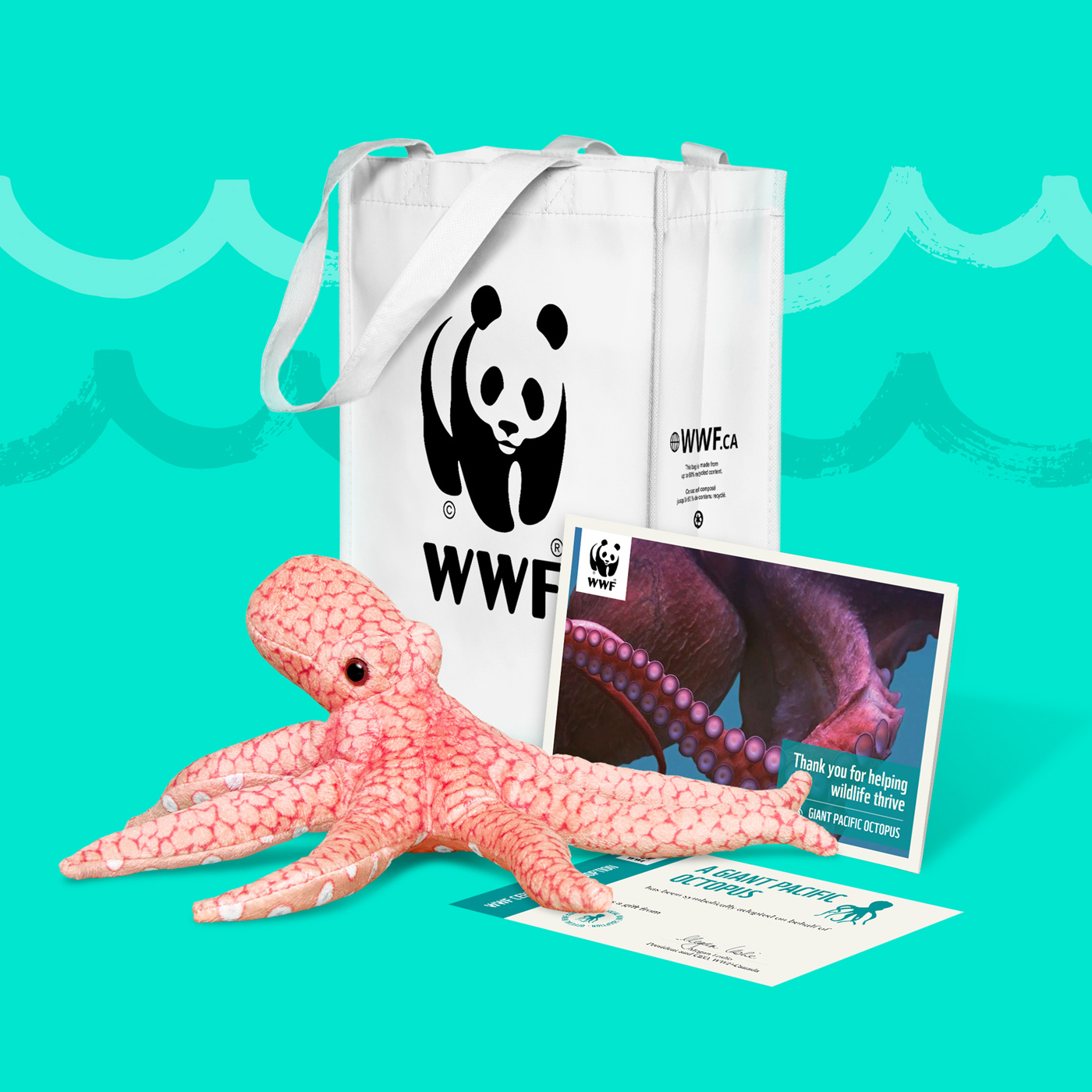 A plush octopus beside a WWF-branded bag and an info pack