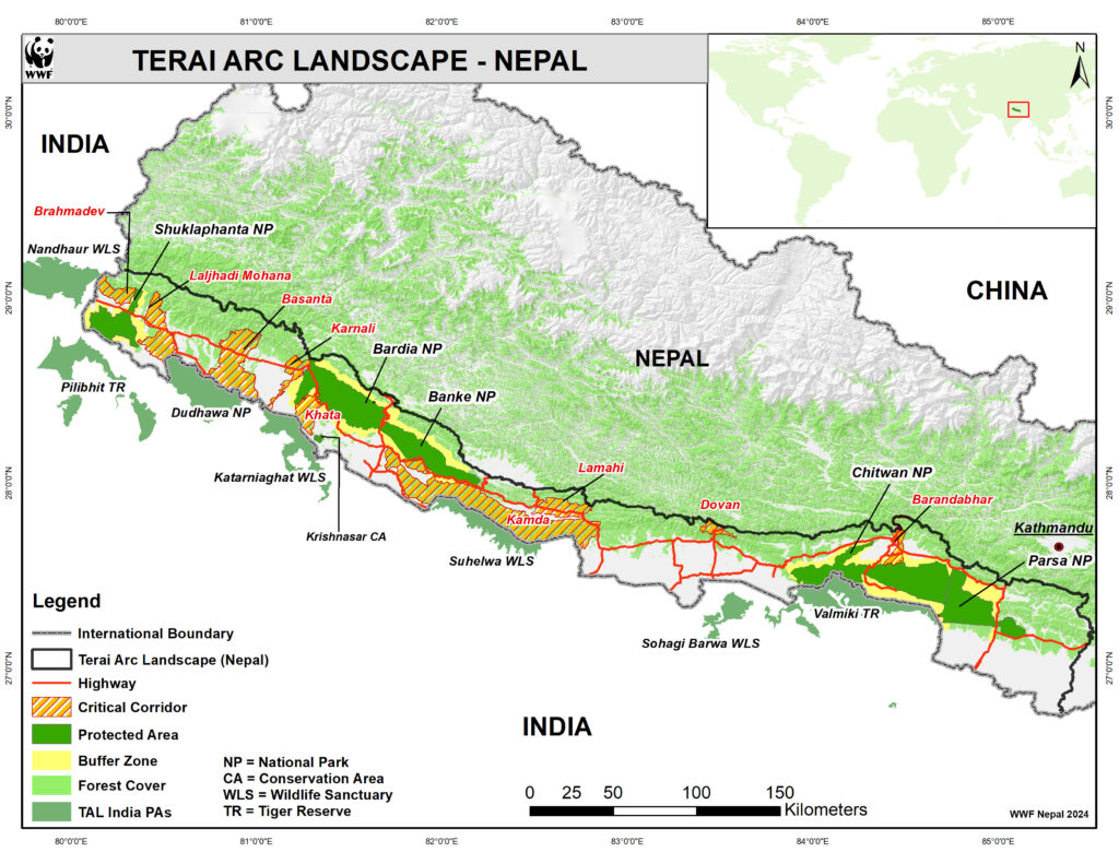 A map of Nepal's Terai Arc Landscape showing critical wildlife corridors made by WWF-Nepal
