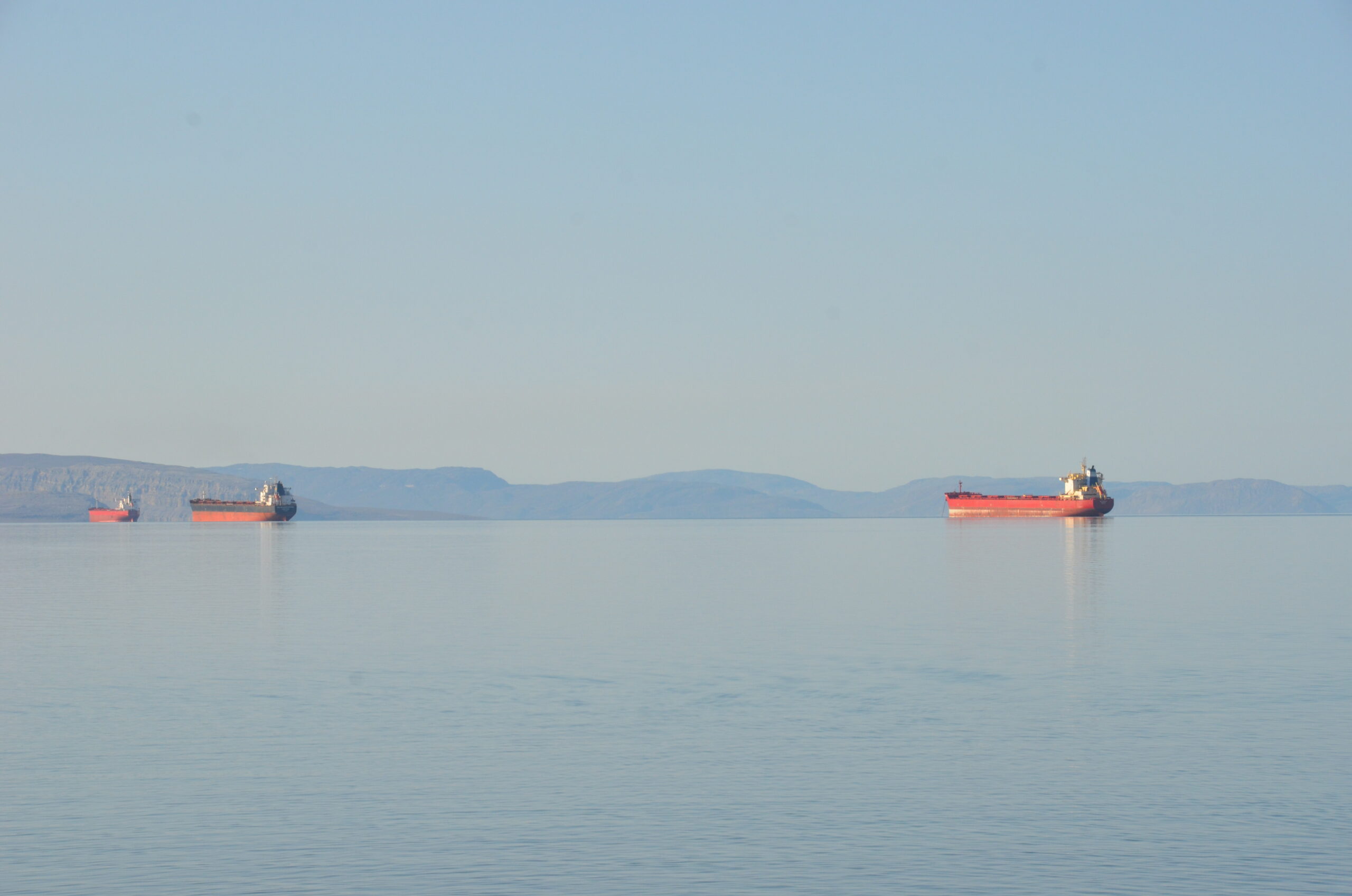 Ore carrier ships in Arctic with land in distant background