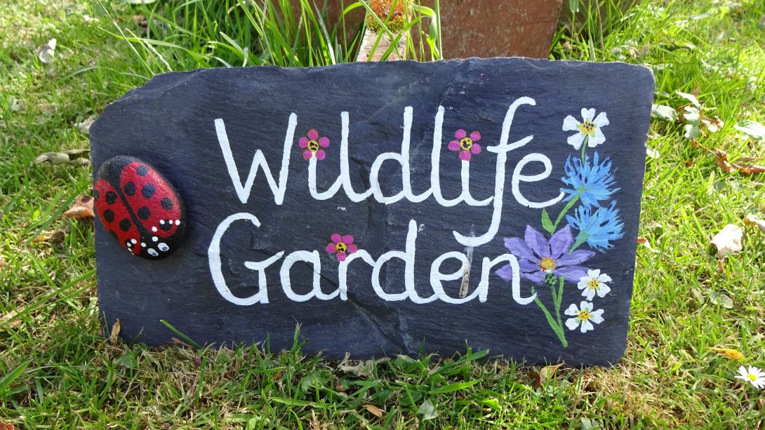 A hand-painted sign reading "wildlife garden" with ladybug and flower images leans against a garden border.