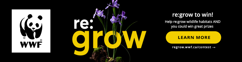 "re:grow to win! Help re:grow wildilfe habitats AND you could win great prizes. Learn more. re:grow.wwf.ca/contest." To the left of the text is an image of irises growing through the word "re:grow", as well as the WWF panda logo.