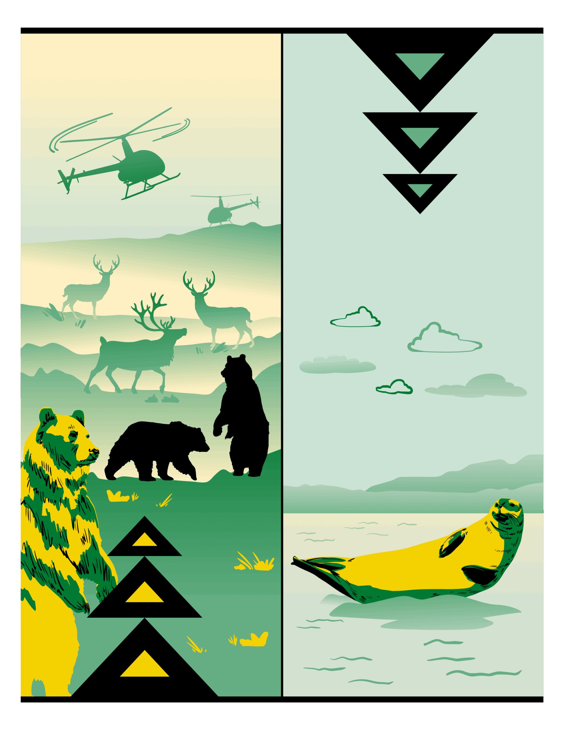 A illustration depicting the threats bears and caribou.