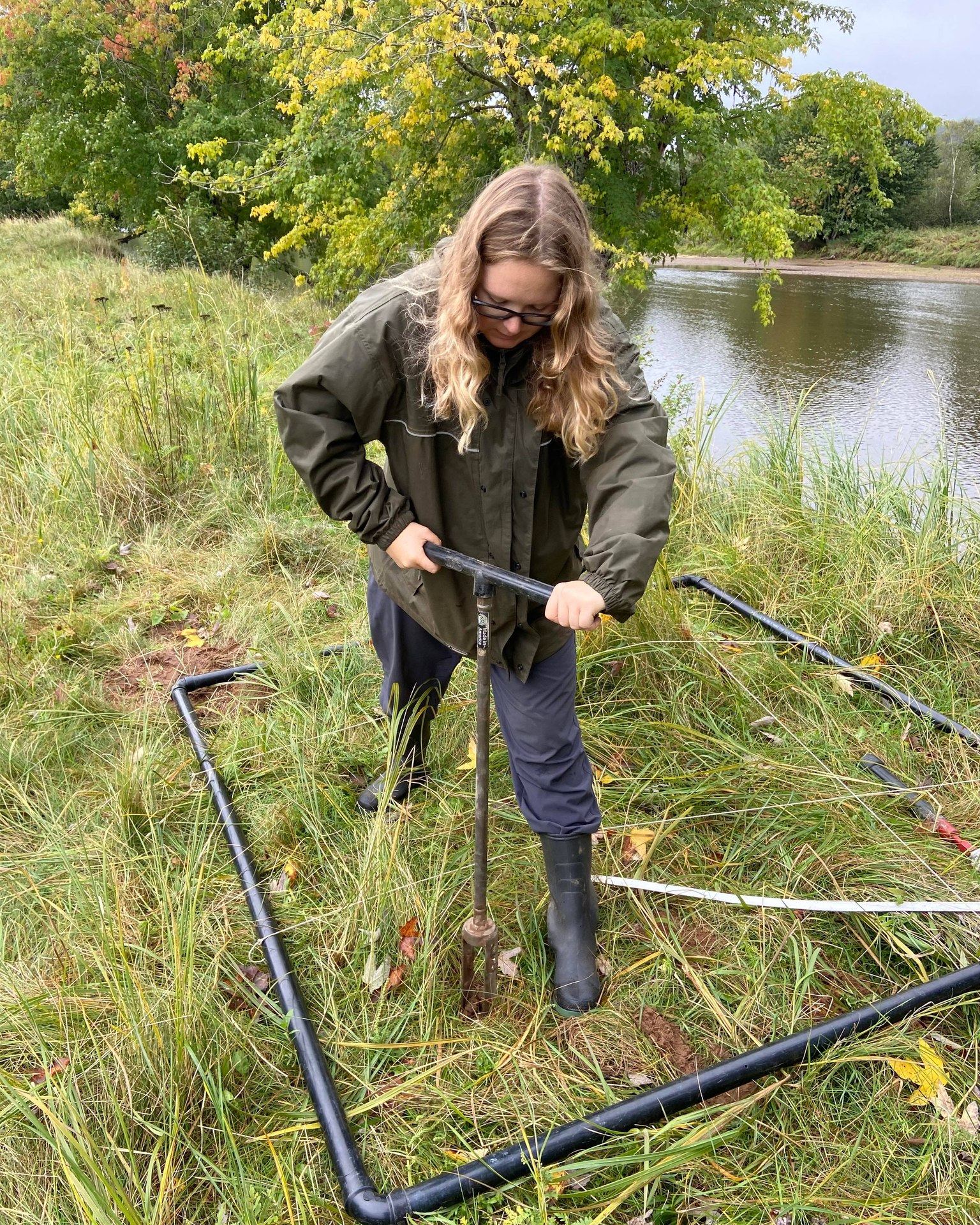 A person pulls a sample of soil from the ground alongside a river.