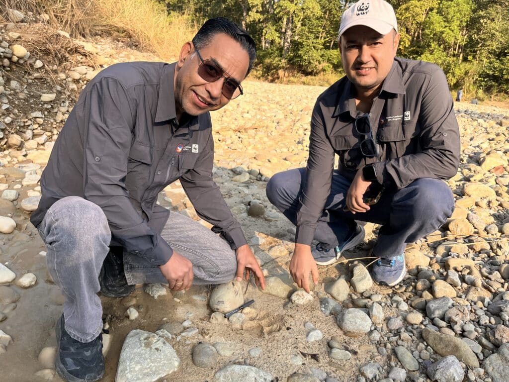 Two men smiling at the camera and pointing at a tiger footprint