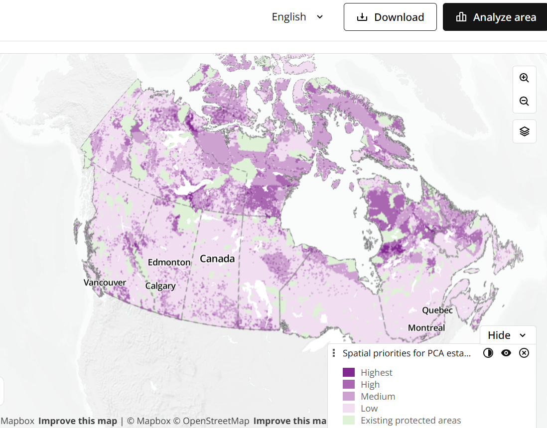 a map of Canada with protected areas highlighted