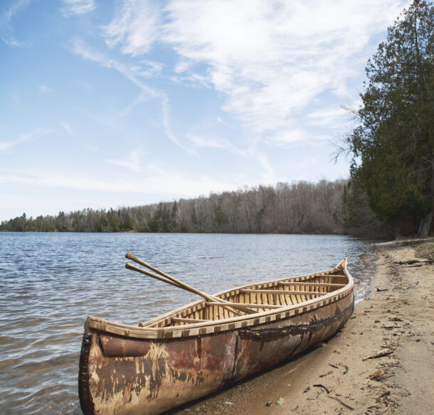 Birch canoe on sandy bank