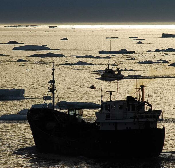 silhouette of ship in water surrounded by small icebergs
